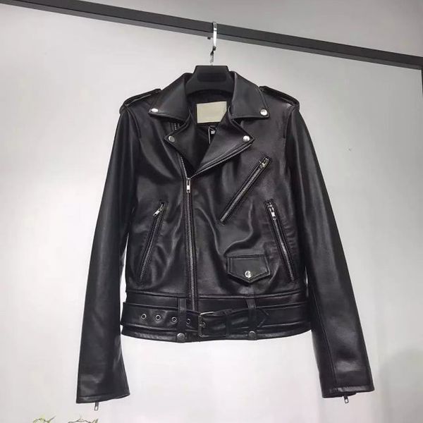 

women black long sleeve lapel sheepskin leather zipper jacket outerwear - ladies sheep skin leather jacket top