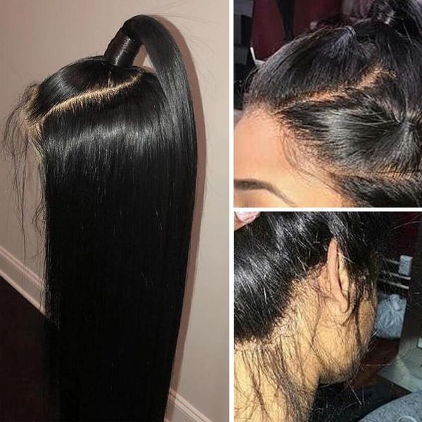 

бразильский 360 кружева лобные парики человеческих волос для женщин реми волос прямой парик с волосами младенца природных волос полный конец, Black