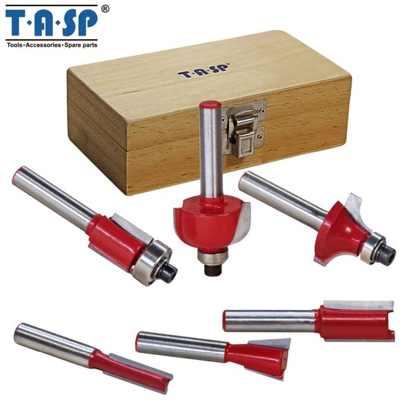 

tasp 6pcs 6.35mm 1/4" shank tungsten carbide tipped router bit set in wood case milling cutter bit woodworking tools