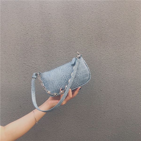 

2020 women shoulder bag purse small tote hobos bags light blue stone pattern leather cross body bag silver chains tote handbag