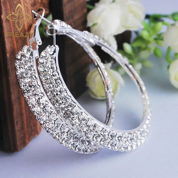 

treazy fashion women jewelry silver plated 40mm 2rows diamante rhinestone crystal earrings round hoop earrings wedding jewelry, Golden;silver