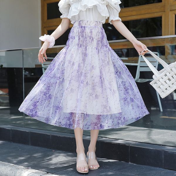 

long tulle skirt women fashion 2020 summer korean purple floral print a-line high waist woman skirts patchwork pleated midi saia, Black