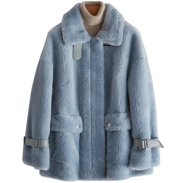 

real fur coat wool jacket autumn winter coat women clothes 2020 korean sheep shearling suede lining abrigo mujer zt3601, Black