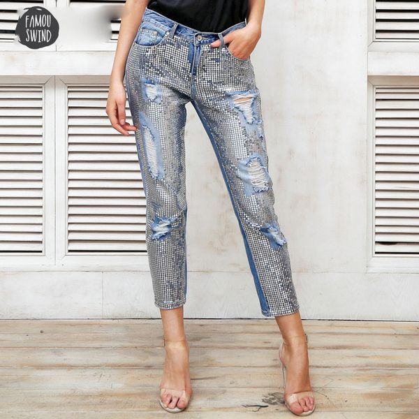 

sequin hole blue jeans women bottom streetwear zipper fringe ripped jeans pants 2019 trousers spring loose denim
