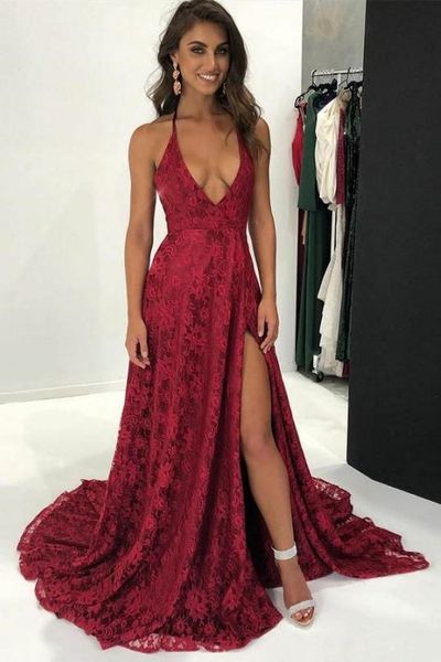 

wine red lace prom dresses long deep v-neck backless formal gown