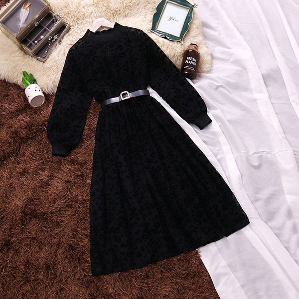 

2020 spring new women chic chiffon o-neck lantern sleeve fairy dress female solid elegant a-line dresses two piece sets, Black;gray