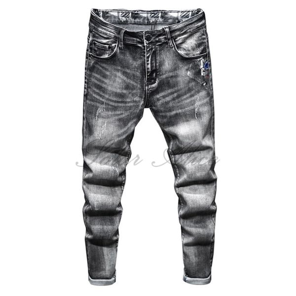 

men's jeans 2021 four seasons feet embroidery high-end quality slim gray casual pants claw pencil, Blue
