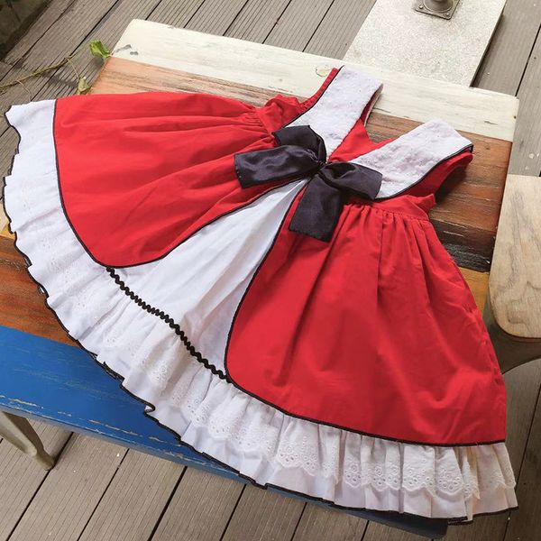 

kids Girl designer clothes Dress Spain style Summer Pet Pan Collar Sleeveless Red color bow Design Lolita Dress Princess Girl Clothing Dress