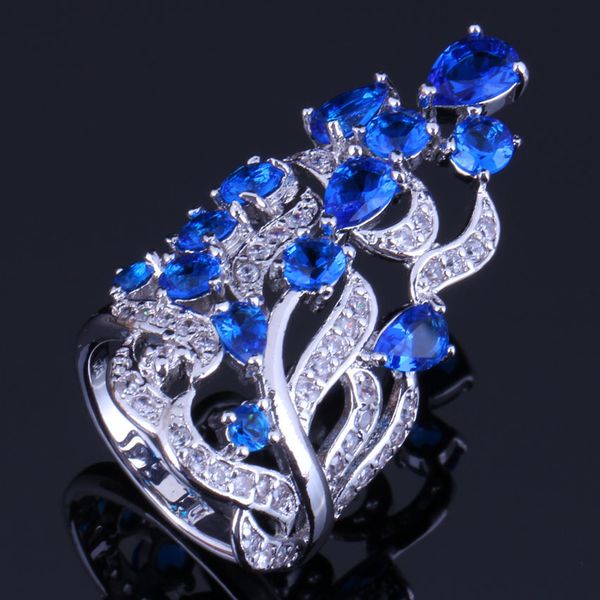 

exclusive huge plant blue cubic zirconia white cz 925 sterling silver ring for women v0527, Golden;silver