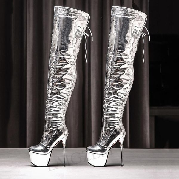 

laigzem super women waterproof thigh boots patent silver metal stiletto heels over knee boot shoes botines mujer large size 3343, Black