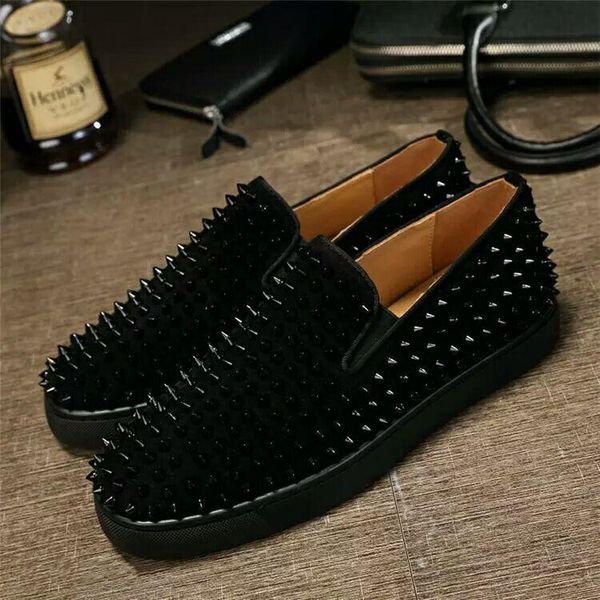 

luxury designer red bottom loafers for men women genuine leather slip on platform casual sneakers spikes wedding party flats shoes 35-46 d09, Black
