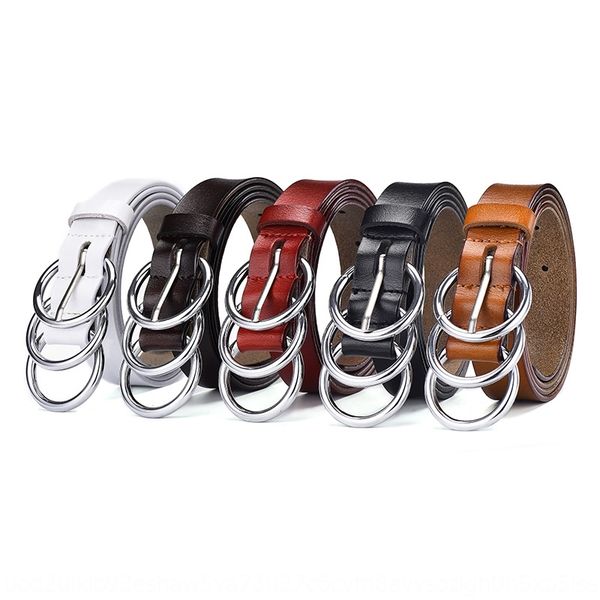 

3toxp women's pure genuine leather three-ring pin buckle young student all-match girl's personalized jeans jeans pin belt genuine, Black;brown