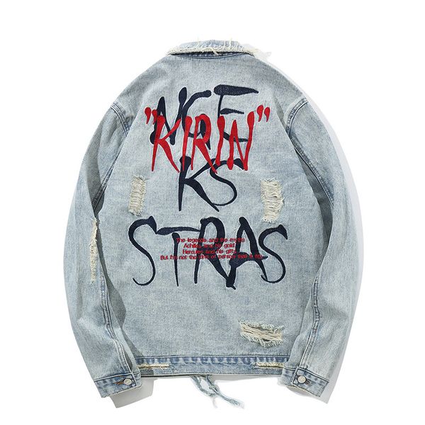 

new fashion men ripped denim jacket trendy denim coat high street letter graffiti mens jean jacket outwear male, Black;brown
