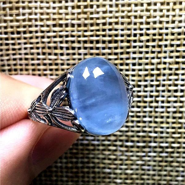 

14x10mm genuine natural ocean blue aquamarine ring for woman man crystal 925 silver beads stone adjustable ring jewelry, Golden;silver