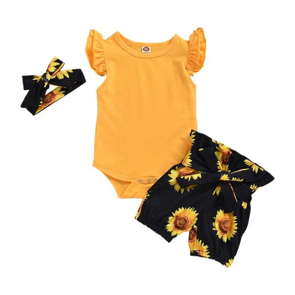 

3pcs 0-24m baby summer clothes set kids girls pure rompers + print shorts, White