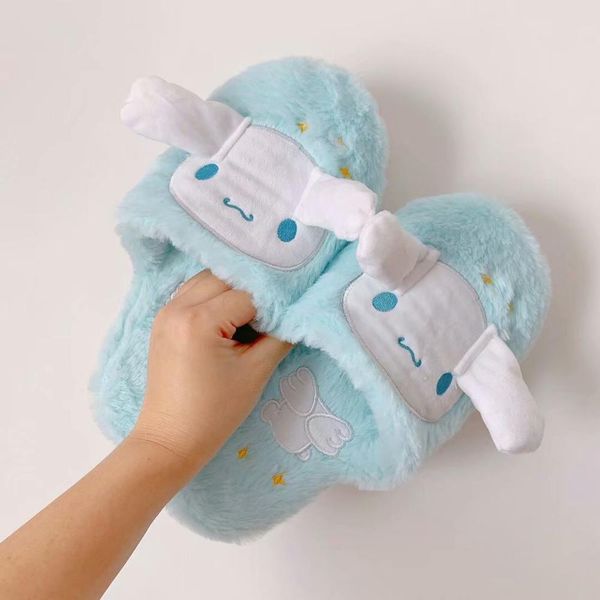 

women indoor cute cinnamoroll melody pompom cartoon warm woman finn plush shoes home house slippers children mx200425, Black