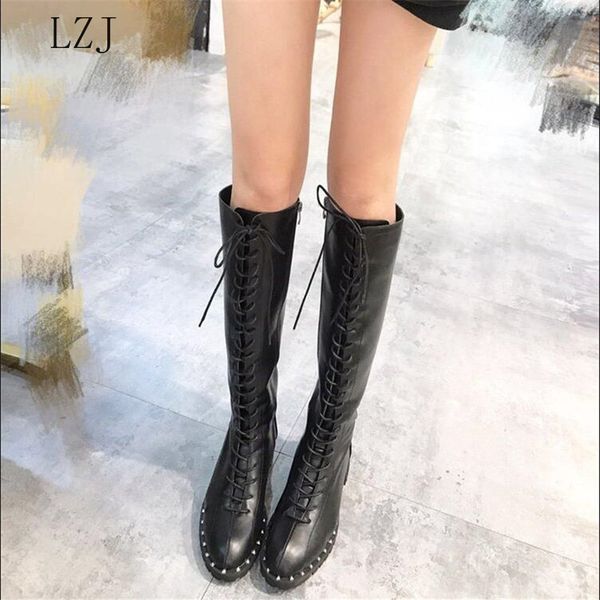 

2019 new wild winter autumn black lace up knee low-heeled rivet women side zipper fashion woman boots leather shoes size 35-39
