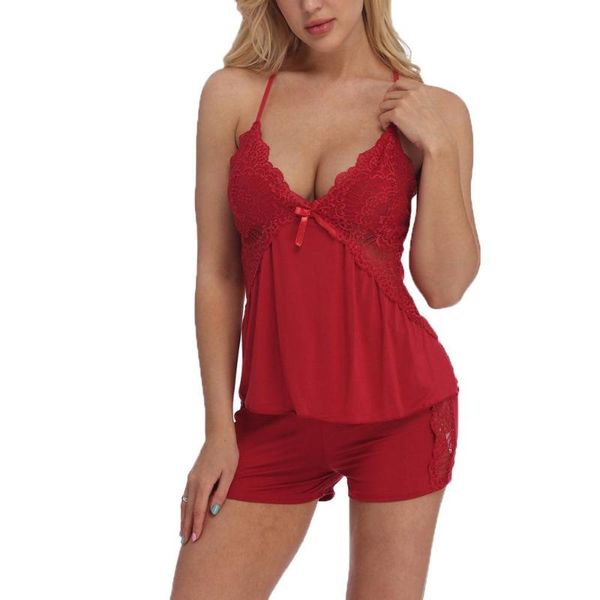 

miarhb women soft satin nightgowns pajama set breathable deep v camis and shorts set sleepwear sleeveless mini nightwear sets80, Black;red