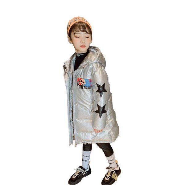 

winter high street thick qulited jacket girls chic print star hooded parka children fashion letter long outerwear coat for girls, Blue;gray