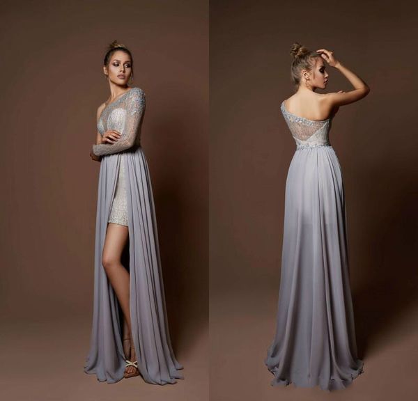 

gray one shoulder prom dresses long sleeve sequins beads split chiffon evening gowns plus size special occasion party dress abendkleider, Black