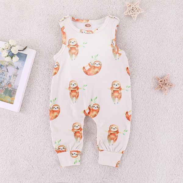 

2018 newborn baby rompers 2019 summer sleeveless cartoon sloth print baby boy girl jumpsuit clothing, Blue