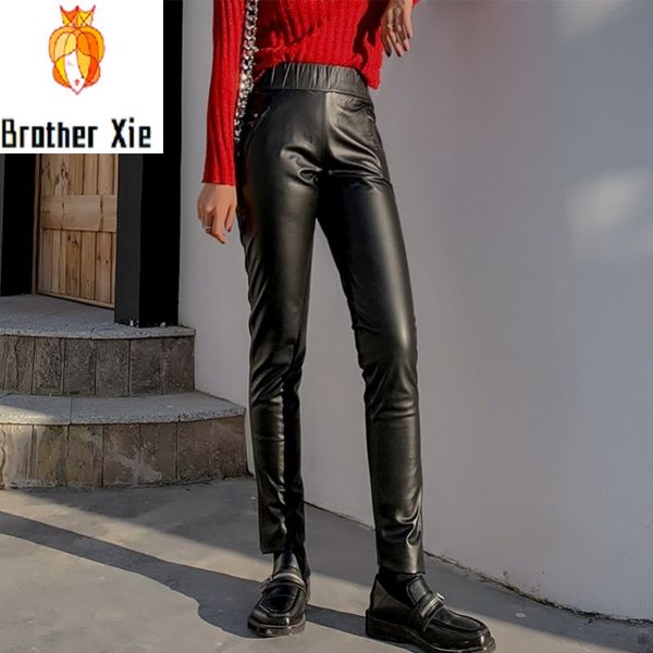 

women streetwear genuine leather skinny pants elastic high waist cowhide trousers plus size 6xl office lady pencil pants, Black;white