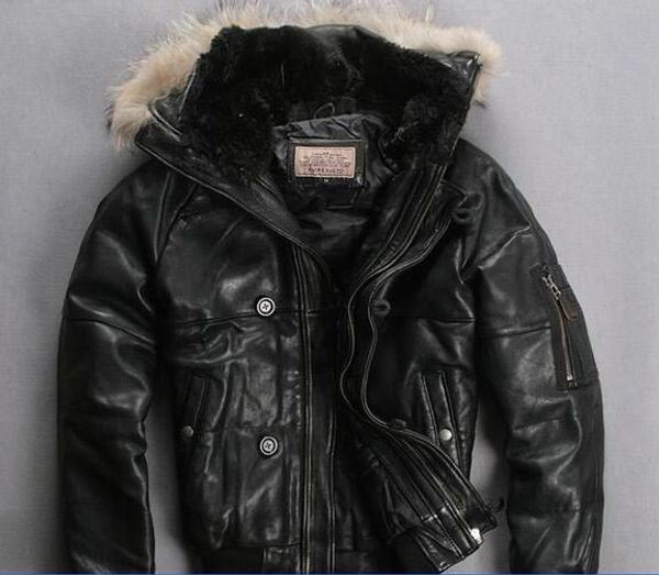 

2016 avirex leather bomber down coats sports jacket men short style thick sheep skin genuine leather down jacket rib sleeve, Black
