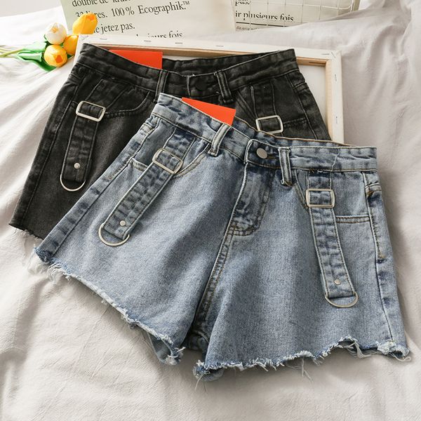 

korean high waist irregular denim shorts female 2020 summer new light blue color shorts women's biker short, White;black