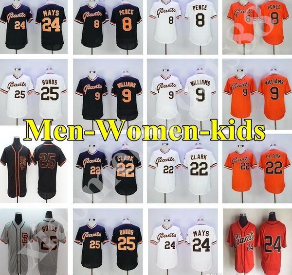 

2019 mens sf giants 8 hunter pence 9 matt williams 22 will clar 24 willie mays 25 barry bonds baseball jerseys kids women, Black