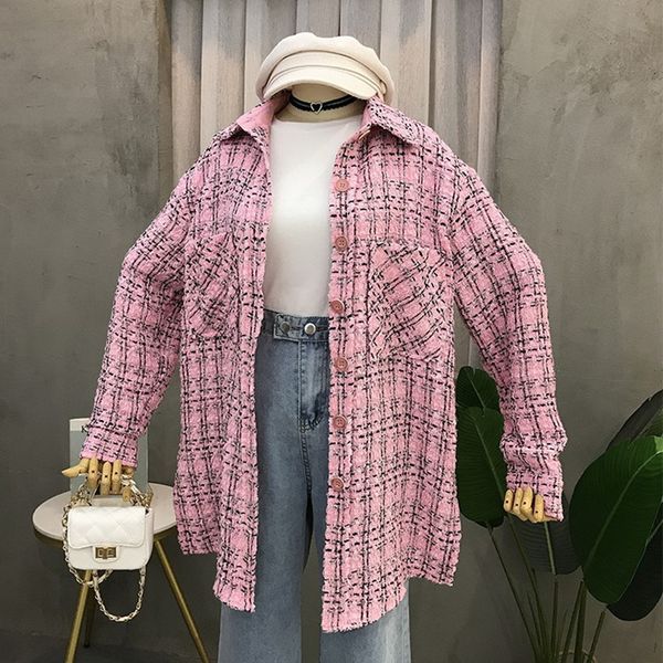

elegant pink plaid women's coats autumn female overcoat tweed lady coat, Black