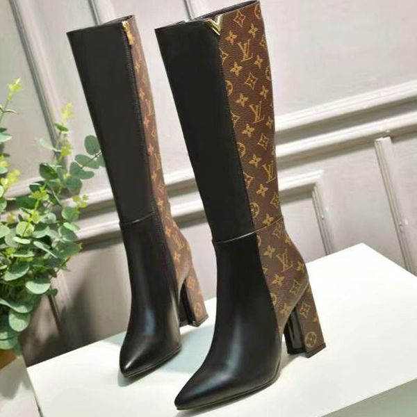 

new fashion luxury ladies high-heeled boots stylish comfortable soft leather material 15 inch ladies knight boots printed fabric size 35-42, Black