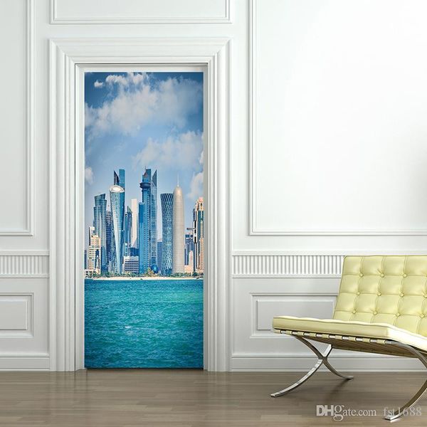 

3d view diy art декаль высокий летний пейзаж приморской башня двери наклейки гостиная главная декоративное съемный водонепроницаемый m дубай