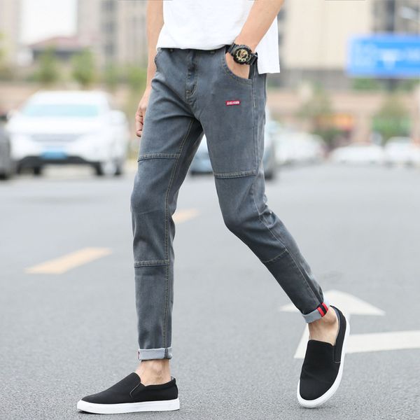 

men full length pencil pants solid slim washed feet shinny denim black pant sportswear elastic waist joggers pants new fashion, Blue