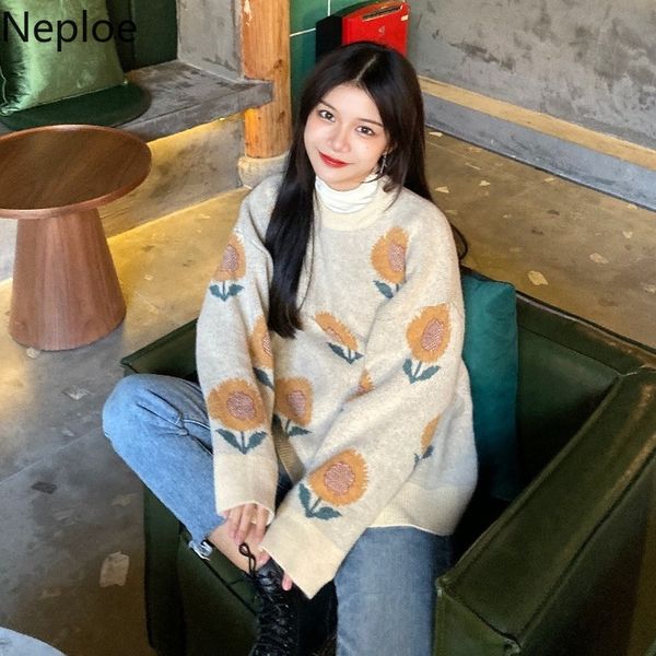 

neploe retro sunflower jacquard long sleeve pull femme sueter loose crazy style outwear autumn winter clothes pullover sweater, White;black