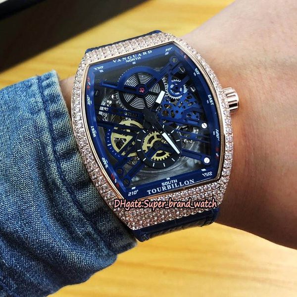 

7-style men's collection vanguard v 45 s6 sqt nr br (nr) blue skeleton dial mechanical mens watch rose gold diamond case sport watches, Slivery;brown