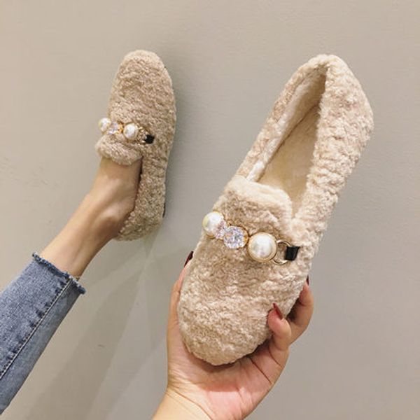 

lamb peas bean shoes female autumn wild 2019 new lazy pearl fur shoes women, Black