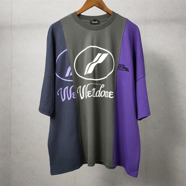 

3 цвета мужские дизайнер футболки we11done триколор сращивания вышивки печать welldone мода марка high street с коротким рукавом повседневна, White;black