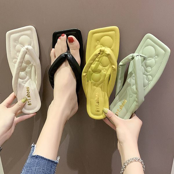 

rubber flip flops female shoes slippers flat slides square toe fashion hawaiian soft 2020 summer pu rome basic shoes, Black
