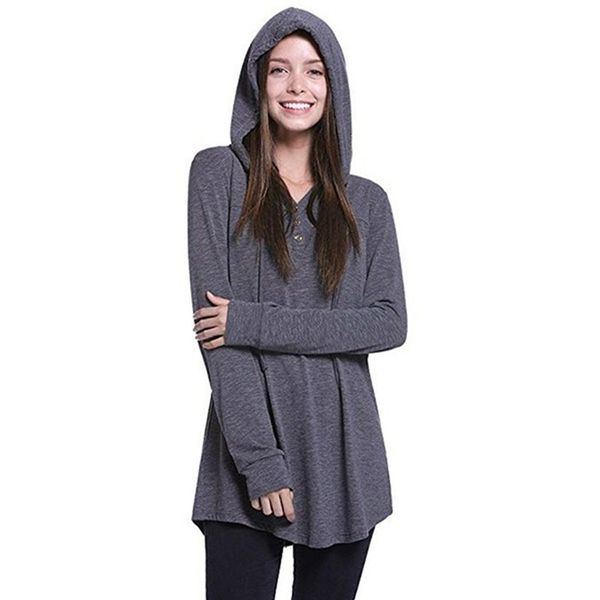 

women solid color sweatshirts fashion ladies button hoodie sweatshirt female long sleeve hooded sweatshirts for women, Black