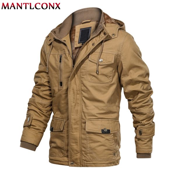 

mantlconx thick warm mens parka jacket winter fleece multi-pocket casual tactical army jacket mens hooded coat thicken, Tan;black
