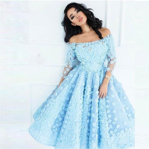 

sky blue 3d flower tea length homecoming dresses off the shoulder ruffles skirt short prom dress 3/4 sleeve organza cocktail party gowns, Blue;pink