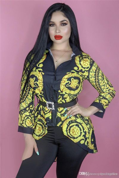 

luxury women designer shirt fashion glod chain printed lapel neck long sleeve shirts fashion fancy women blouse shirt, White