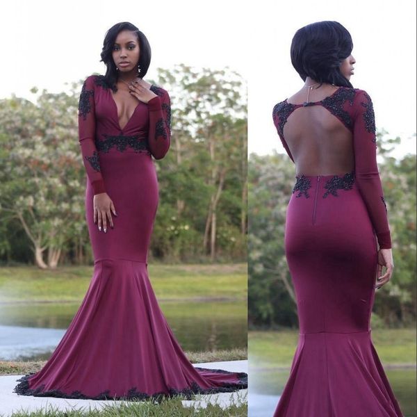

burgundy arabic evening dresses wear v neck long sleeves black lace appliques beads backless plus size pageant party dress prom gowns, Black;red