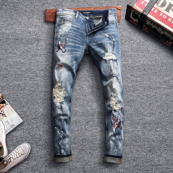

высокая уличная мода мужские джинсы slim fit ретро синий разрушенный рваные джинсы мужчины вышивка дизайнер хип-хоп байкер брюки homme, Blue