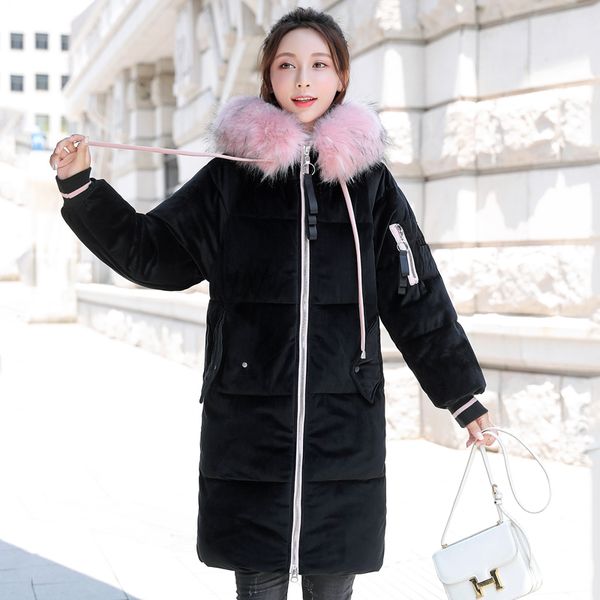 

women's winter down jacket long coat 2019 large size female plus size down coats jacket oversize hooded fur collar, Black