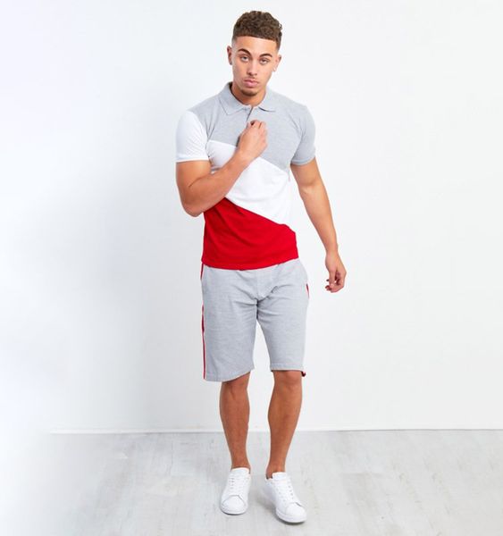 

2020 new men's striped stitching tracksuit hip-hop mens muscle workout clothes european and american style men polo shirt suit size -3, Gray