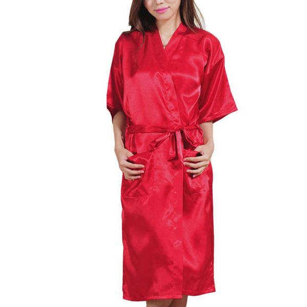 

women's robes comfortable soft satin sleepwear fashion kimono style robe wedding bride knee-length night dressing w4, Black;red