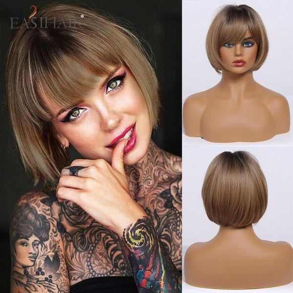 

easiahir short wigs bang straight bobo hairstyle ombre black brown highlight wig cosplay heat resistant synthetic wigs for women