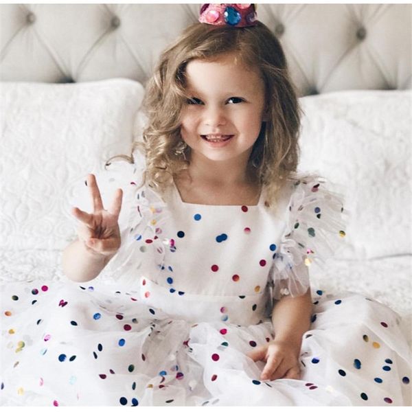

2018 новый симпатичные прекрасные принцессы малышей baby girl lace лепесток рукава o-образным вырезом sequined dot lace пачка длина колена п, Red;yellow