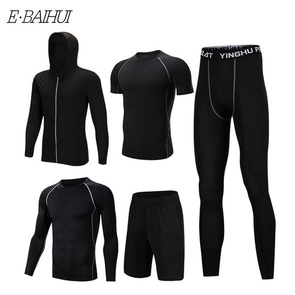

e-baihui 5 pcs new fitness suit sports clothing men's hooded sweater five-piece suit basketball running training suit 010, Gray